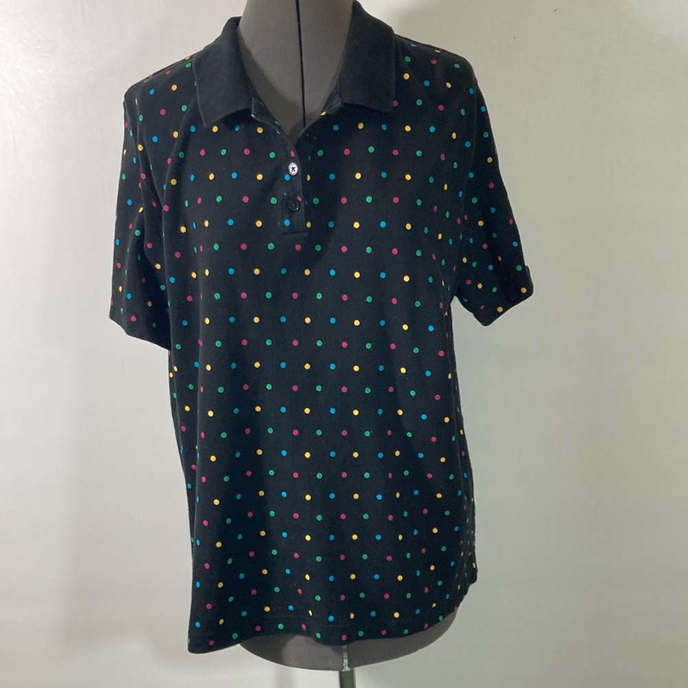 Kim Rogers Top Women Size XL Black w Colored Dots  100% Cotton Short Sleeve
